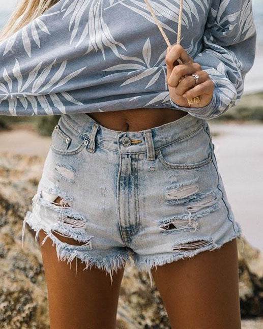 High Waist Ripped Tassel Denim Shorts For Women - Mubimart