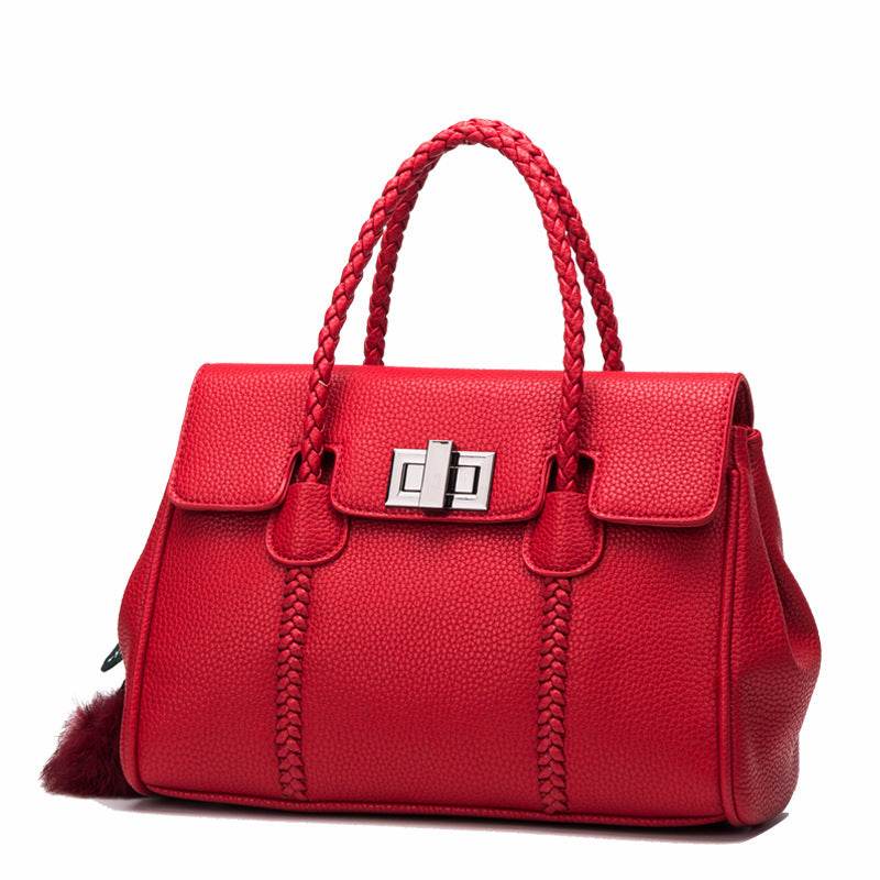Leather handbags lychee pattern handbag - Mubimart