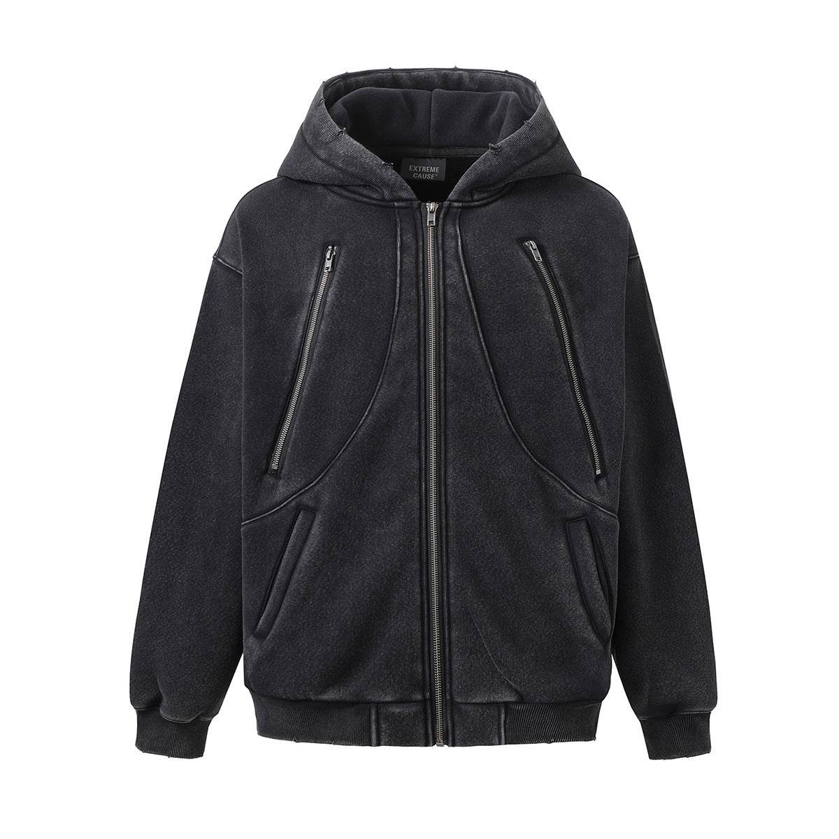 New Hoodie Fleece-lined Washed Zipper Sweater - Mubimart