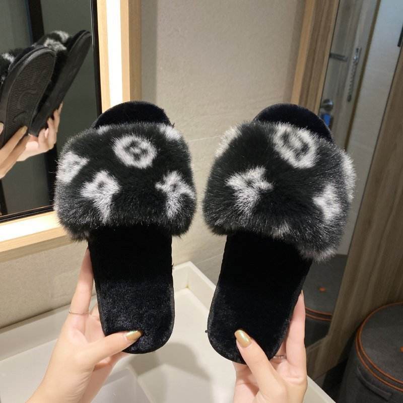 PVC word leopard wool slippers women - Mubimart