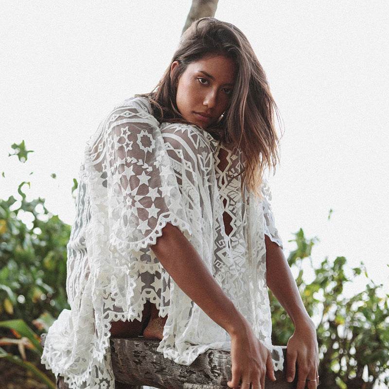 Mesh Embroidered Robe Loose Plus Size Bikini Blouse - Mubimart