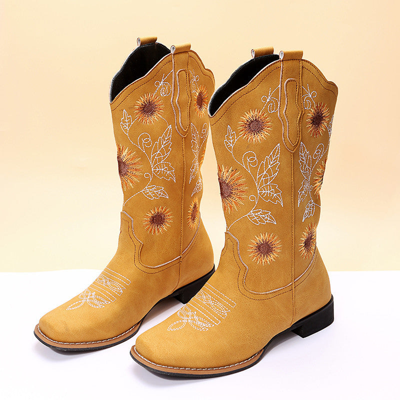 Cowboystiefel Damen, Sonnenblumen-Stickerei, Schuhe mit niedrigem Absatz, Westernstiefel