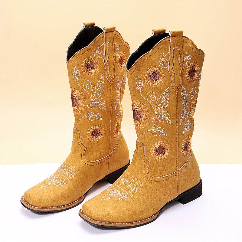 Cowboy Boots Women Sunflower Embroidery Shoes Low Heel Western Boot - Mubimart