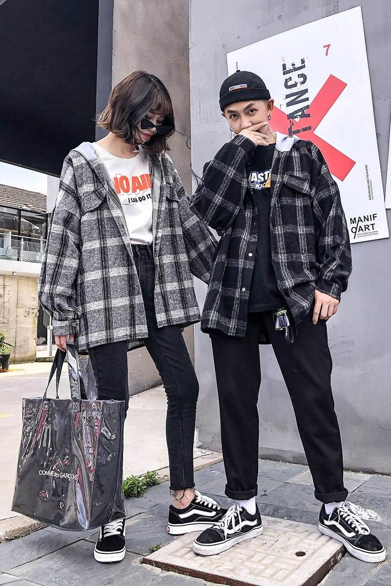 Couple plaid shirt hooded jacket - Mubimart