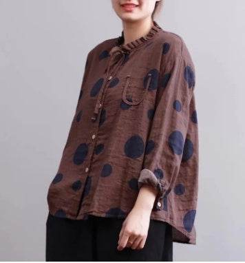 Casual Polka Dot Print Stand Collar Loose Women Blouses - Mubimart
