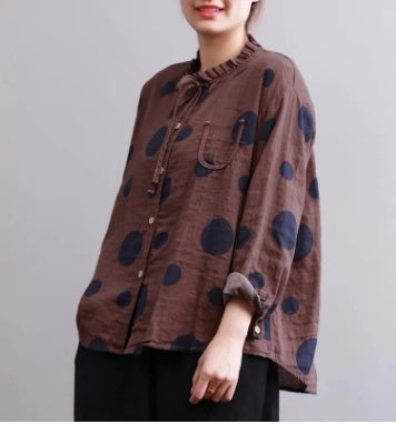 Casual Polka Dot Print Stand Collar Loose Women Blouses - Mubimart - Blouses 