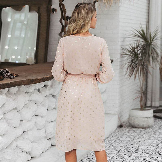 Lantern sleeve belt midi dress - Mubimart
