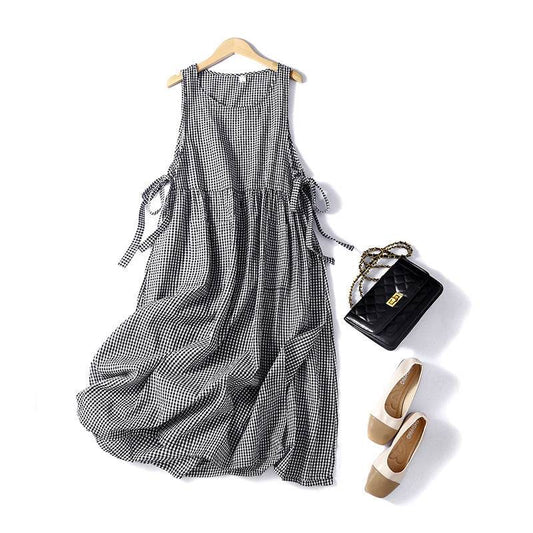 Sleeveless Lace Work Clothes Cotton Linen One-piece Dress - Mubimart