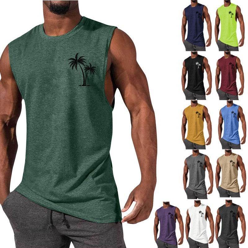 Coconut Tree Embroidery Vest Summer Beach Tank Tops Workout Muscle Men Sports Fitness T-shirt - Mubimart