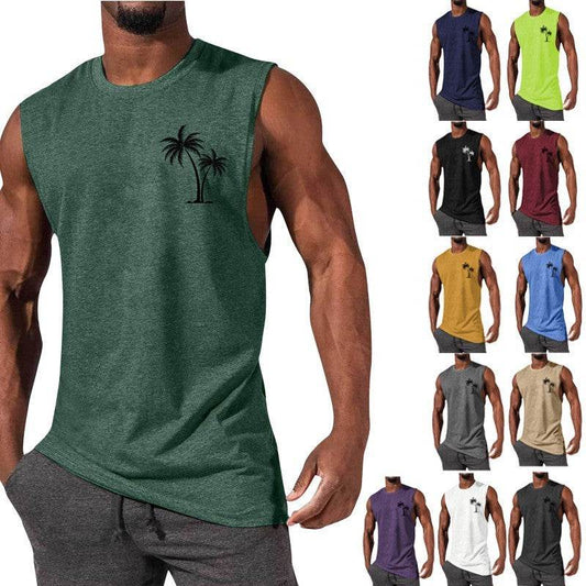 Coconut Tree Embroidery Vest Summer Beach Tank Tops Workout Muscle Men Sports Fitness T-shirt - Mubimart