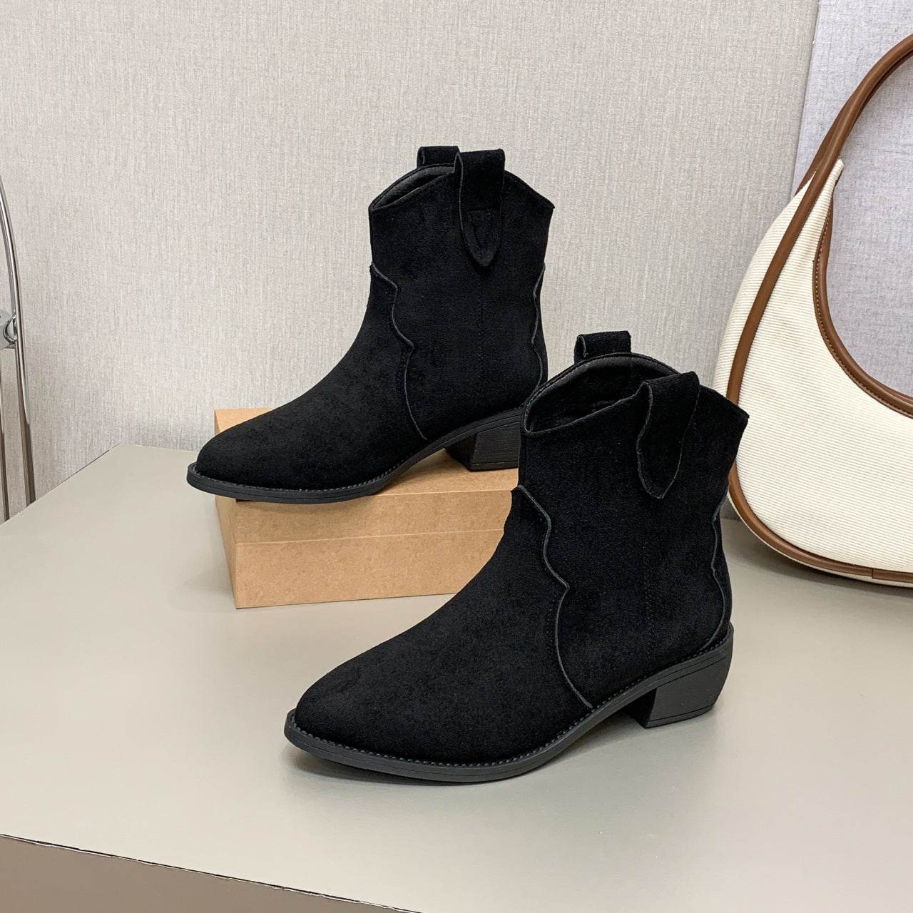 Cowboy Boot Short Plush Autumn Pointed-toe Short Boots - Mubimart