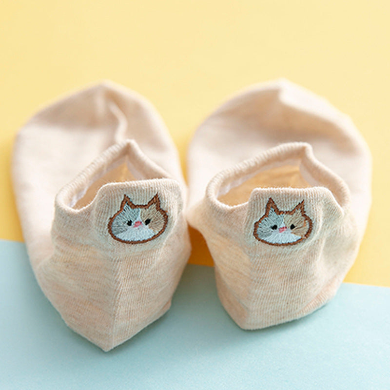 Socks Female Embroidered Cat Boat Socks Shallow Mouth Cute Low Waist - Mubimart -  