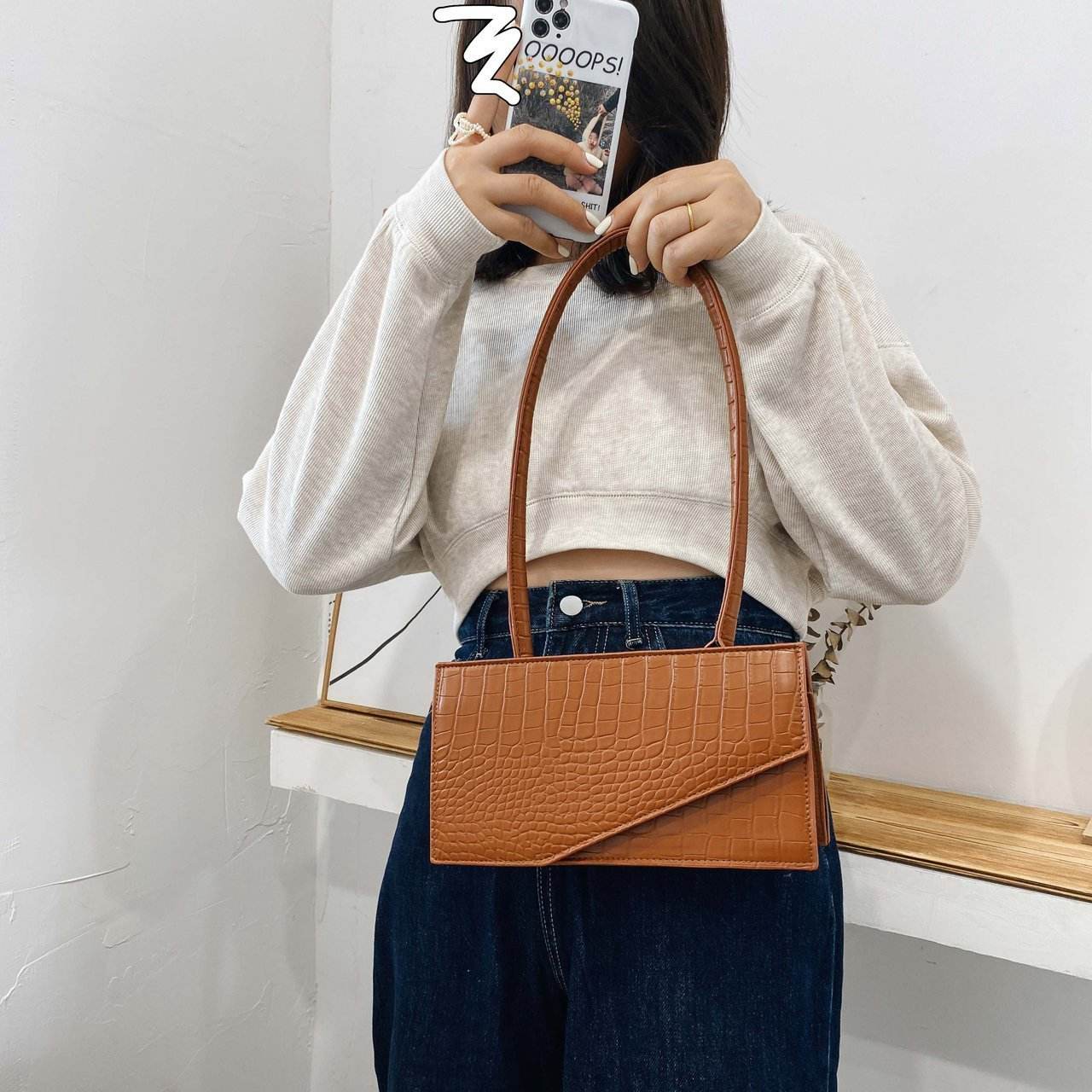 One shoulder messenger stone pattern small square bag - Mubimart