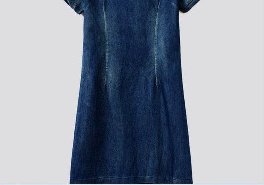 New women's short-sleeved thin denim skirt tide Korean version of the long paragraph casual large size denim dress - Mubimart