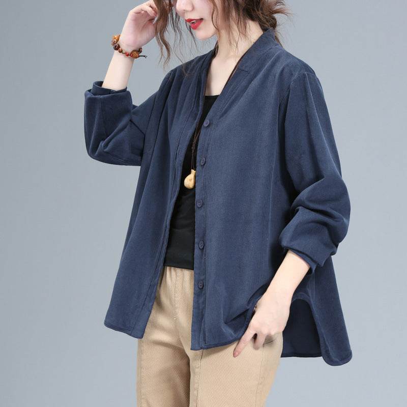 Loose plus size corduroy shirt - Mubimart