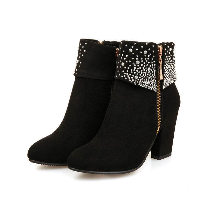 Rhinestone nubuck short heel women boots - Mubimart