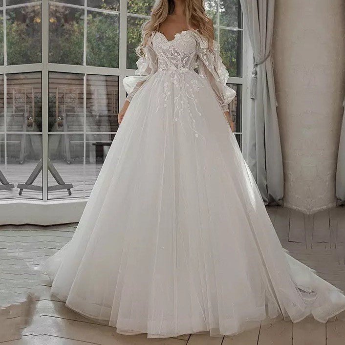 Boho Bride Gown Puff Sleeve Off Shoulder Wedding Dresses - Mubimart - Bridal Dress 