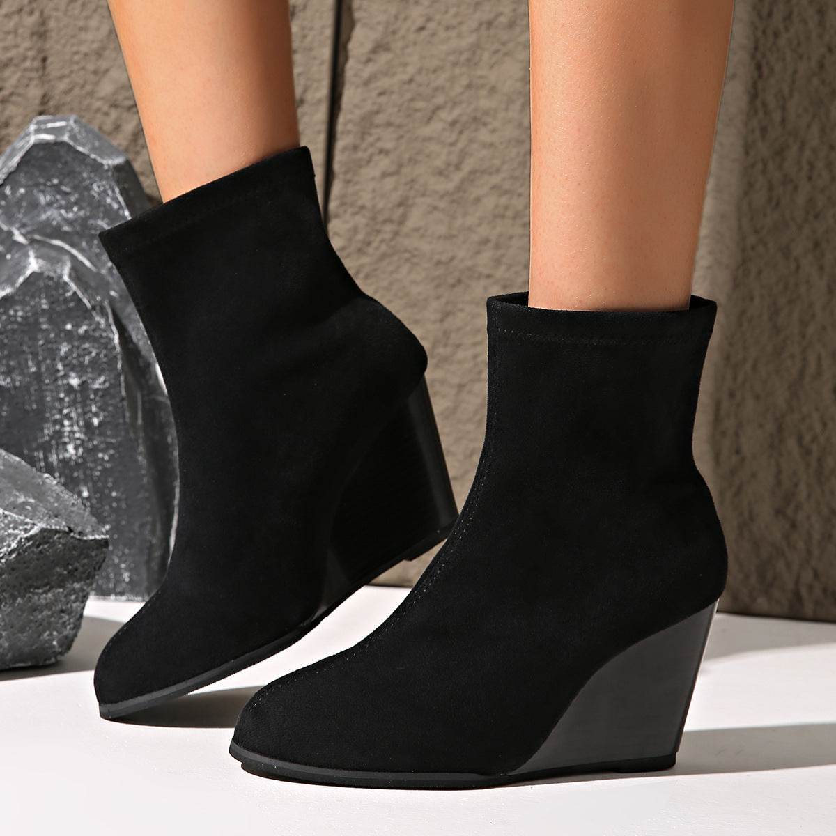 Fashion Thick-soled Wedges Boots Winter Suede Height-increasing Shoes Warm Solid Ankle Boot - Mubimart
