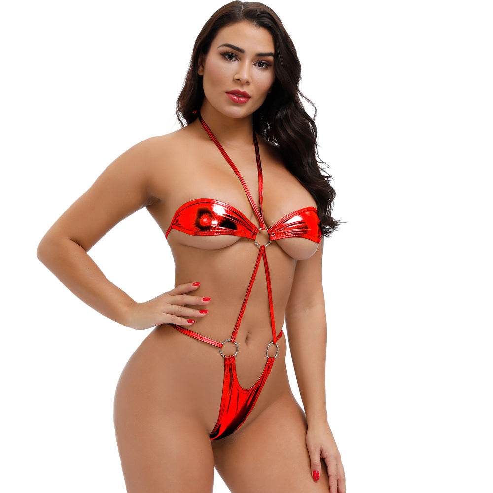 Seaside Imitation Leather Three-Point Bikini Bra T-Shirt Tie Suit Size Women - Mubimart