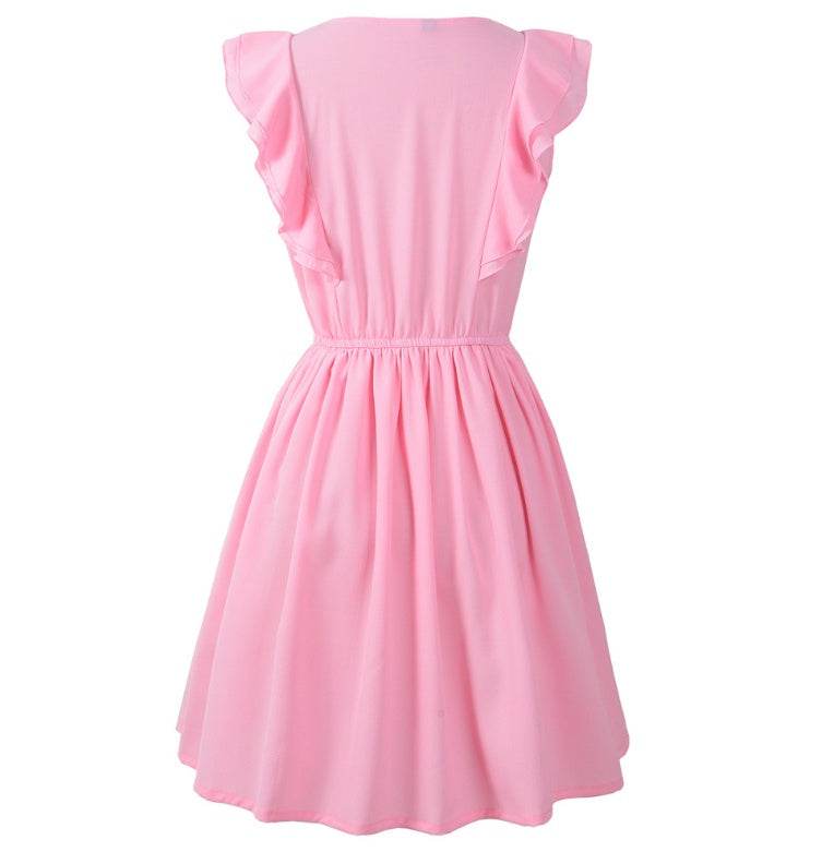 USA SIZE European and American leisure round neck ruffled sleeveless solid color mini dress women's clothing - Mubimart