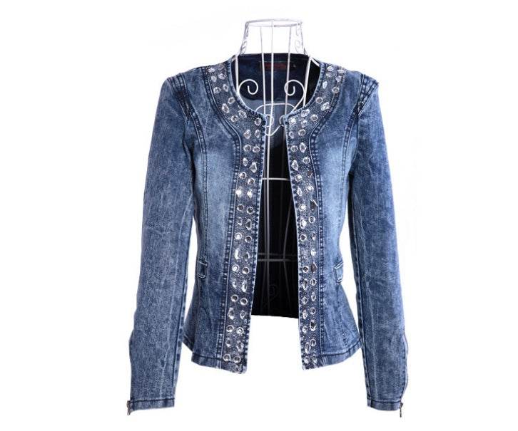 Spot stretch denim jacket rhinestone sequins retro short coat denim jacket denim jacket - Mubimart
