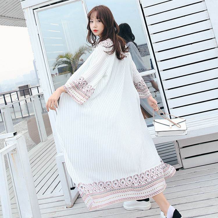 Printed outside large size chiffon cardigan female summer loose long beach sunscreen clothing thin shawl - Mubimart