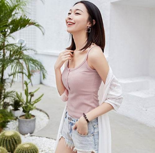 Camisole Slim Fit Short Button Tights Top Bottom Sleeve - Mubimart