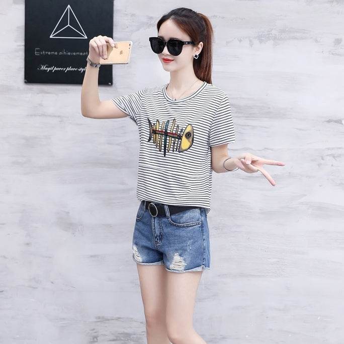 Striped short sleeve t-shirt for women - Mubimart