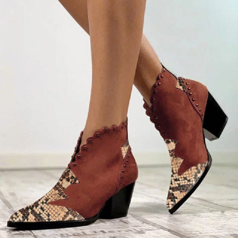 Block-heel rivet color-block snake print ankle boots