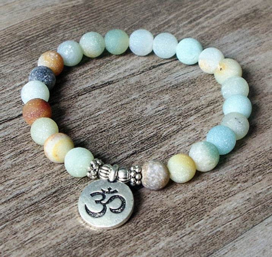 Matte Amazonite Stone Strand Bracelet Yoga Chakra Mala Bracelet OM Lotus Women Men Beaded Charm Bracelet Handmade Jewelry - Mubimart