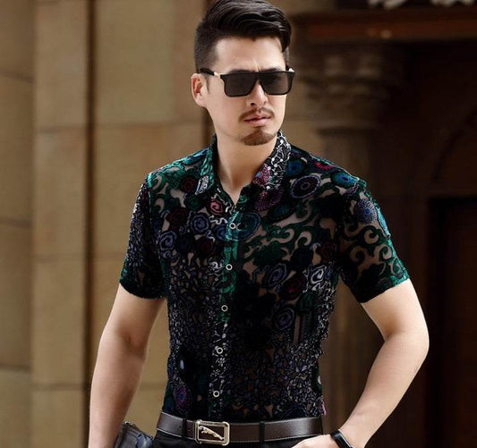 Silk Velvet See Through Button Down Shirt - Mubimart