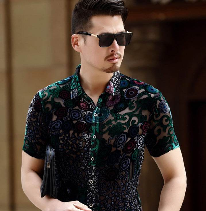 Silk Velvet See Through Button Down Shirt - Mubimart
