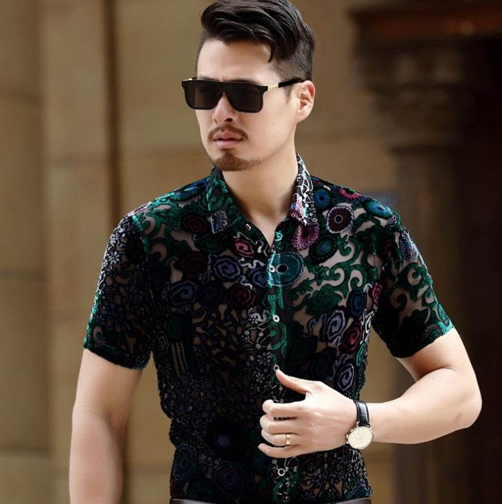 Silk Velvet See Through Button Down Shirt - Mubimart