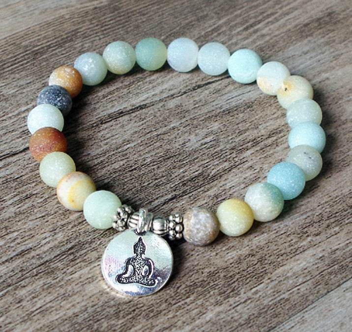 Matte Amazonite Stone Strand Bracelet Yoga Chakra Mala Bracelet OM Lotus Women Men Beaded Charm Bracelet Handmade Jewelry - Mubimart