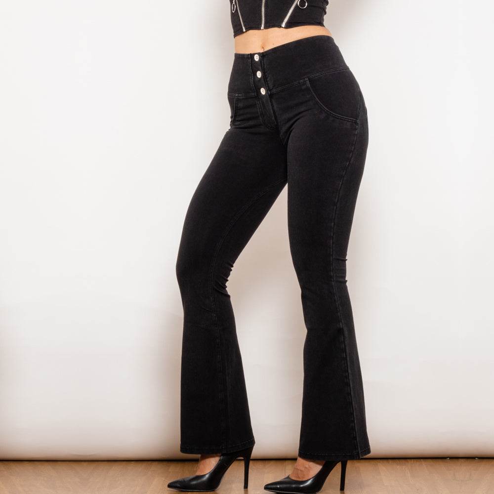Shascullfites Melody Black Flared Lift Jeggings Button Up Flare Jeans Shaping Bum Lift Pants High Waist Jeans Women - Mubimart