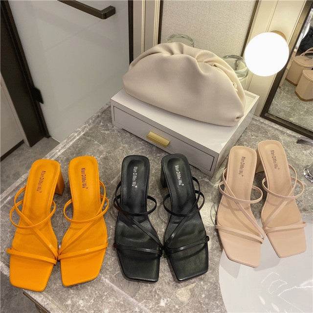 Fashion Slipper Square High Heel Classics Strap Sandal - Mubimart