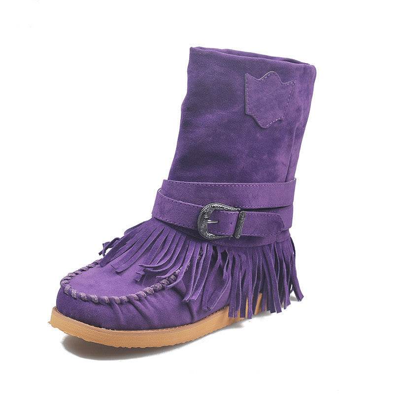 Fringe Middle Boots Women Sexy Tassel Boots Fashion Buckle - Mubimart