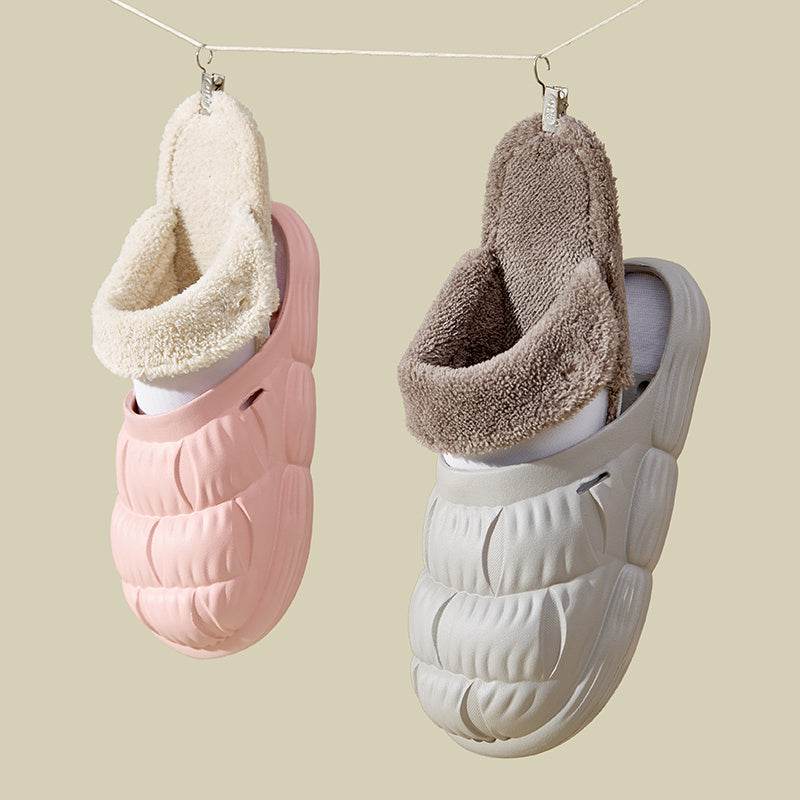 Removable Fluffy Shoes Warm Fuzzy Slippers Waterproof Non-Slip Indoor House Shoes For Women Men - Mubimart