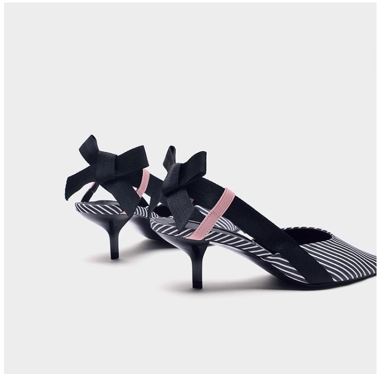 Boussac Stripe Kitten Heel Women Mules Pointed Toe Bowtie Women Sandals High Heels Summer Slip on Shoes Women SWC0112