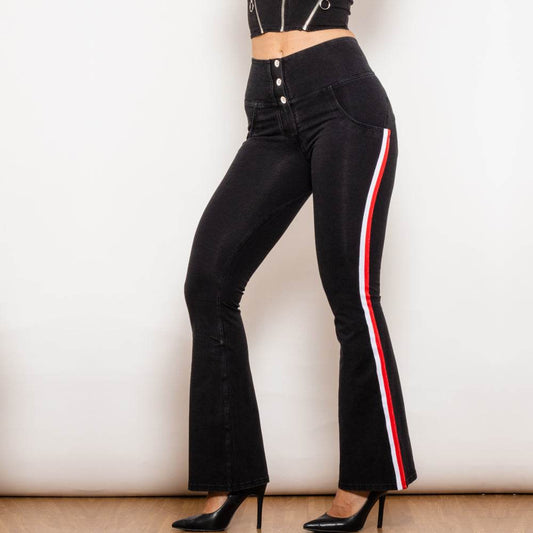 Shascullfites Melody Black Striped Flared Lift Jeggings Button Up Jeans Shaping Jeans Women High Waist Flare Jeans - Mubimart
