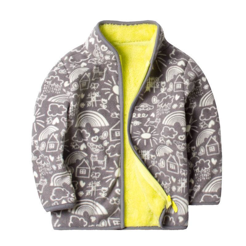 Printed plus fleece polar fleece jacket cardigan - Mubimart