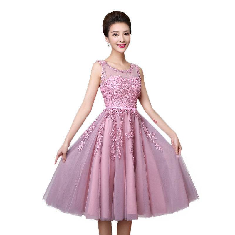 new mid-length pink evening dress banquet double shoulder graduation dress - Mubimart