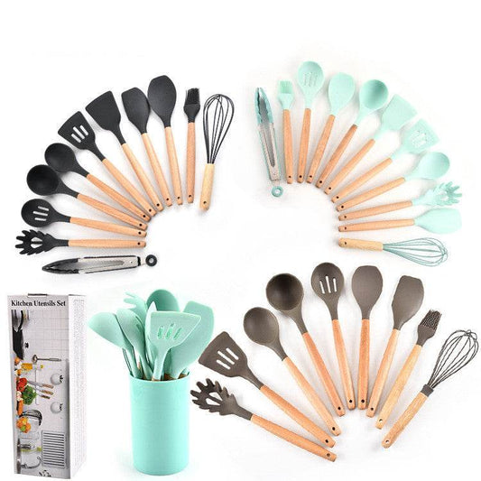 Silicone 11Pcs Kitchen Cooking Utensil Set Non-stick Spatula Heat Resistant Wooden Handle - Mubimart