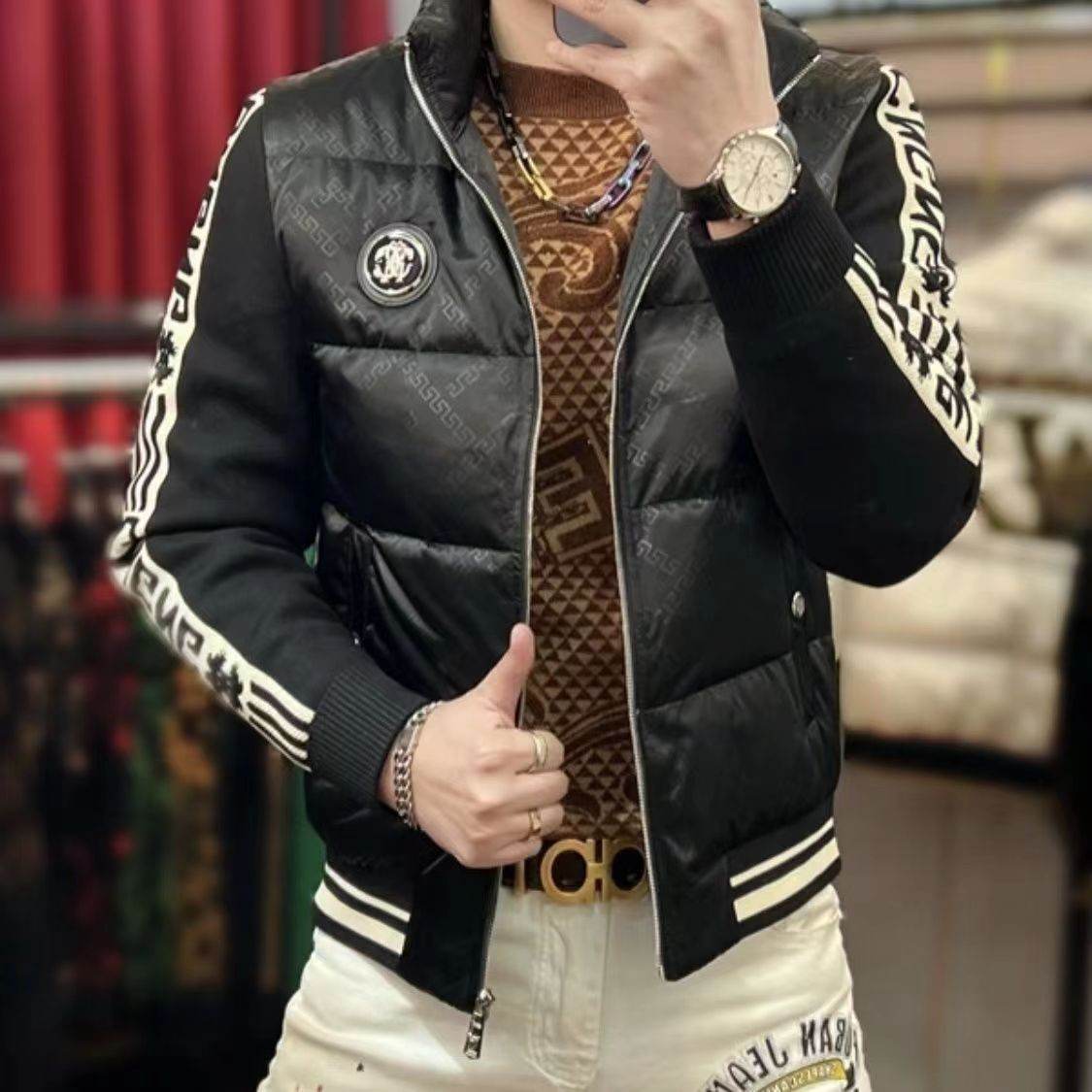Down Jacket Men's Stand Collar Knitted Sleeve Casual Duck Down Coat - Mubimart