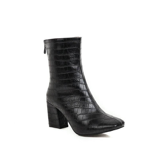 Stone Pattern Stretch Boots Square Toe Boots - Mubimart