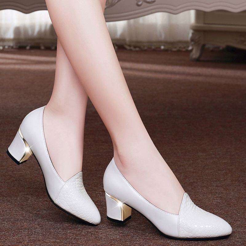 Pointed Single Shoes Women's Middle Heel Thick Heel Shoes Large Size Work Shoes - Mubimart