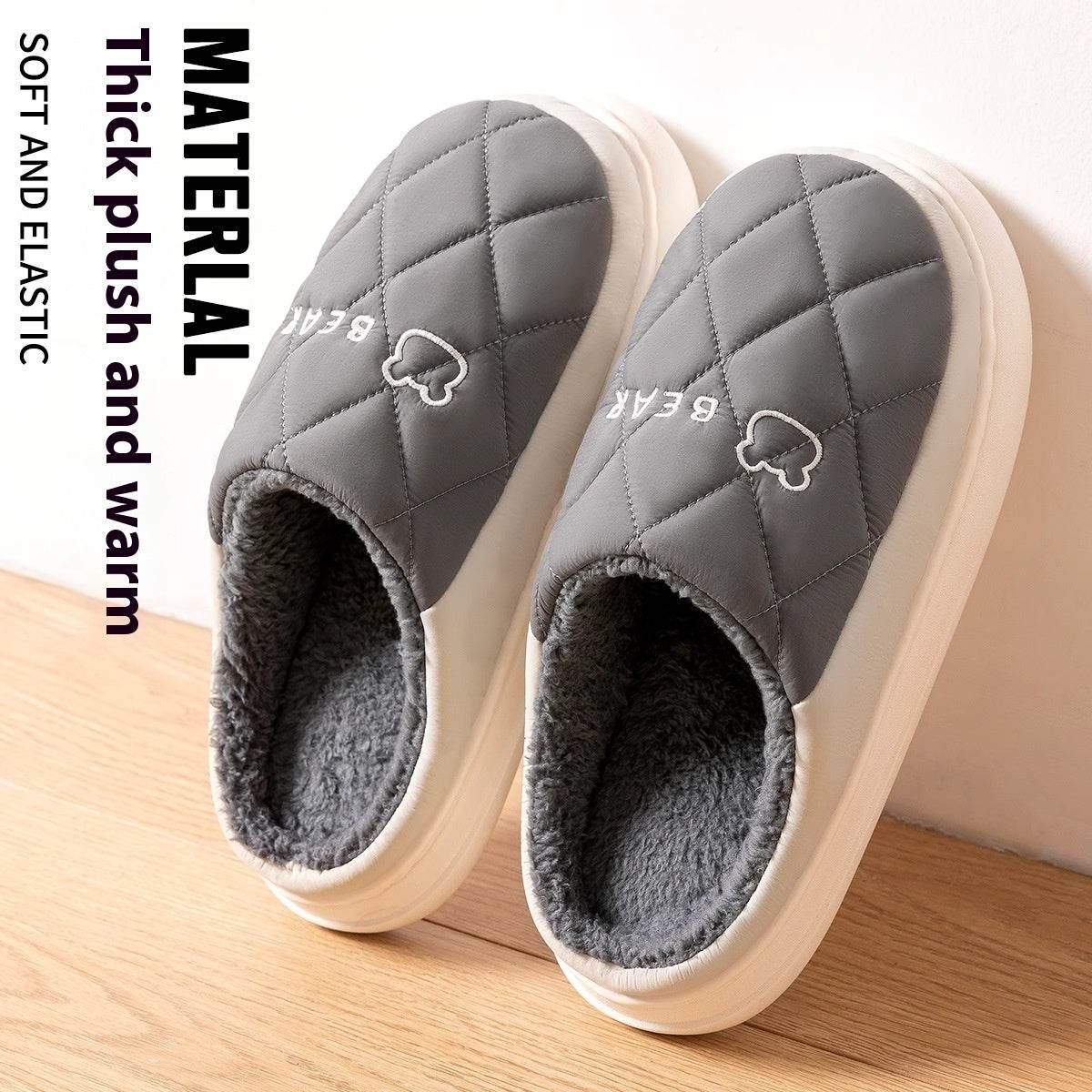 Rhombic Sewing Plush Slippers For Men Winter Warm Non-slip House Shoes Women's Bedroom Floor Home Slipper Couple - Mubimart