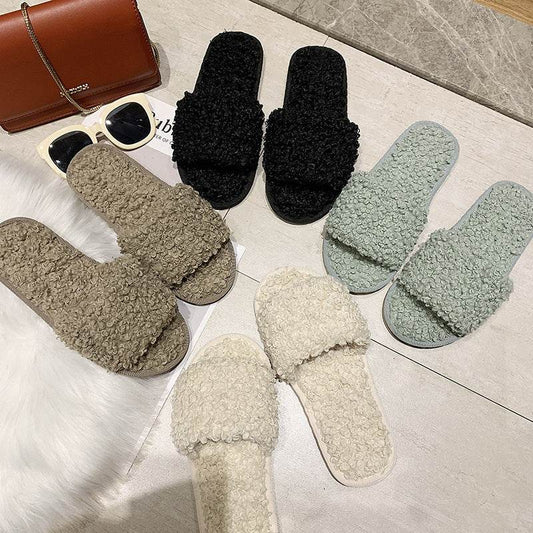 Sheep curl women slippers suitable for non-slip cotton slippers - Mubimart