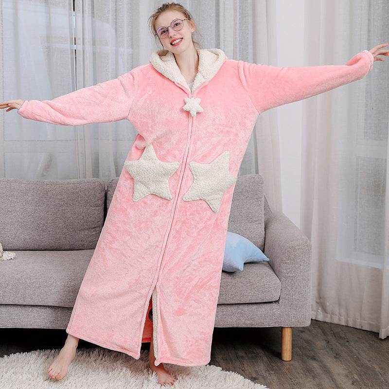 Women Men Winter Bath Robe Hooded Night Dress Gown Sleepwear - Mubimart