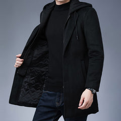 Mens Detachable Hooded Woolen Winter Coat Jacket Mid-Length Single Breasted